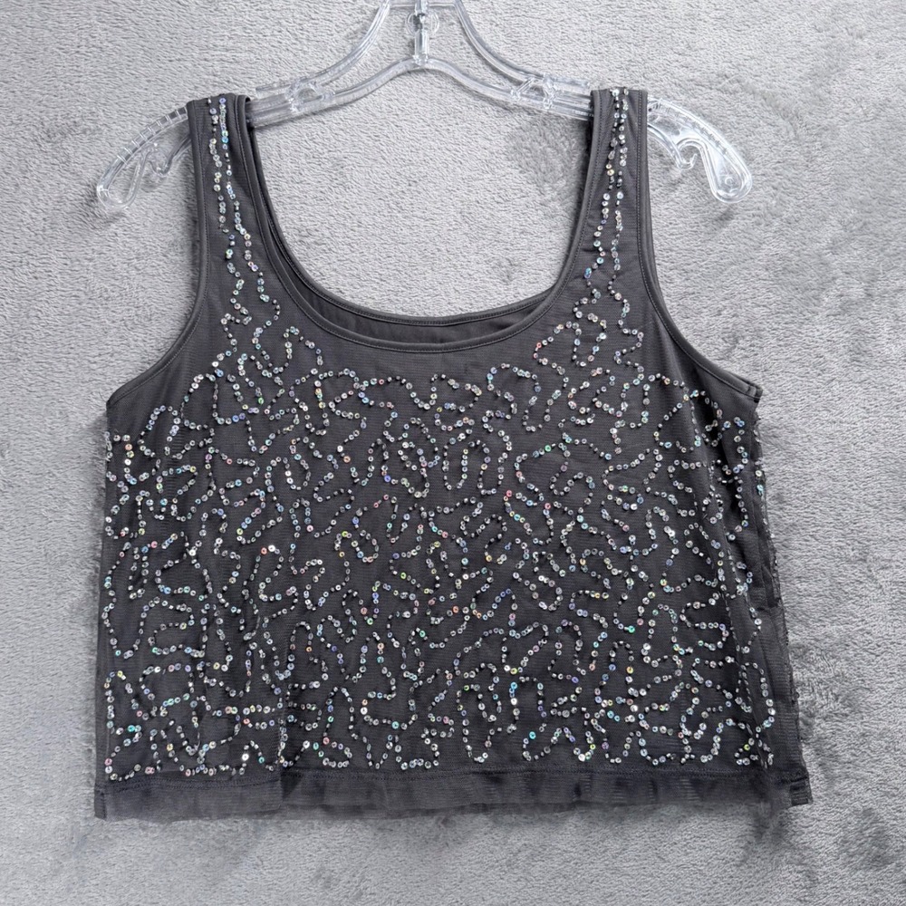 Forever 21 Sequin Crop Tank Top Small Gray Y2K Mesh Overlay Iridescent Shimmer - Picture 3 of 9